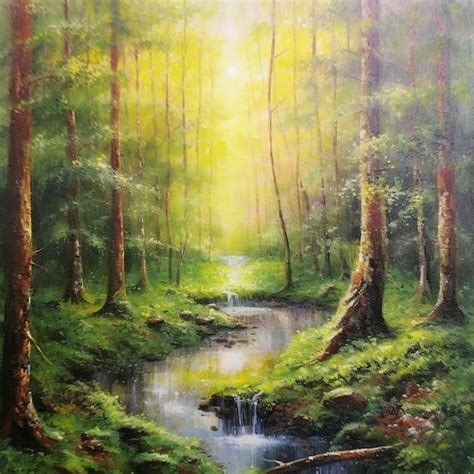 Una Pintura De Un Arroyo En Un Bosque Con El Sol Brillando Sobre L