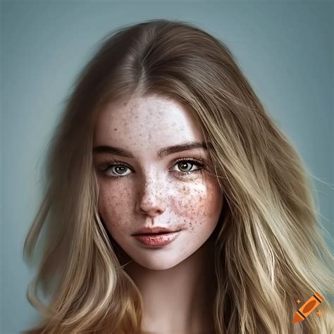 Portrait Of A Beautiful Young Woman With Freckles And Dark Blonde Hair