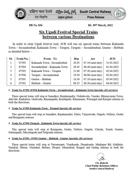 South Central Railway On Twitter Six Ugadi Festival Special Trains