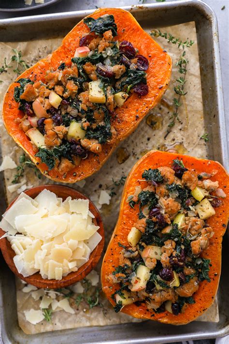 Sausage Apple And Cranberry Stuffed Butternut Squash Kalefornia Kravings