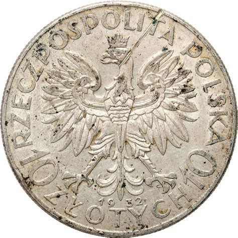 II RP 10 złotych 1932 głowa kobiety ze znakiem archiwum niemczyk pl