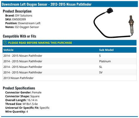 2013 2015 Nissan Pathfinder Oxygen Sensor Diy Solutions Ems00399 Downstream Left