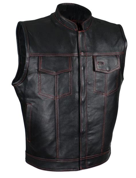 Club Vest Men S Black Naked Cowhide Leather Motorcycle Vest W Red