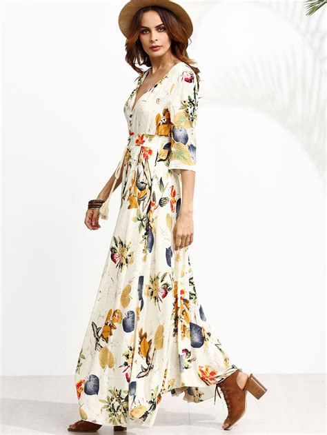 Jungle Print Plunge Neck Drawstring Button Front Maxi Dress Shein