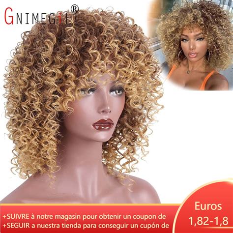 Gnimegil Afro Kinky Curly Bob Wig With Bangs Synthetic Hair Ombre