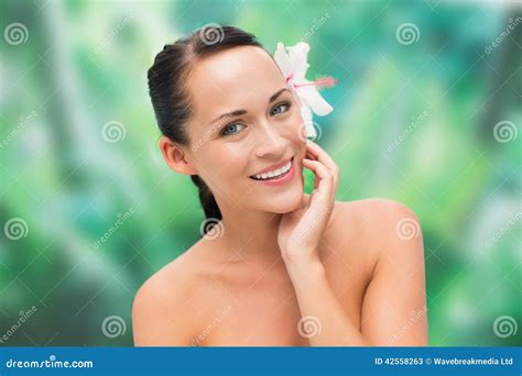 Beautiful Nude Brunette Smiling At Camera With Flower In Her Hair Stock Image Image Of