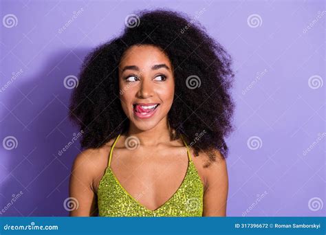 Photo Of Gorgeous Young Girl Tongue Lick Teeth Look Empty Space Wear