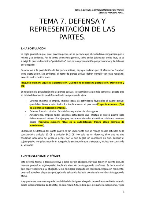 TEMA 7 Defensa Y Representación DE LAS Partes TEMA 7 DEFENSA Y