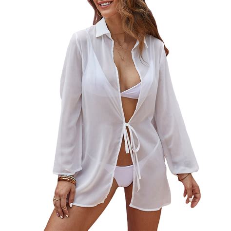 Musuos Women Beach Bikini Cover Ups Long Sleeve Solid Color See Through