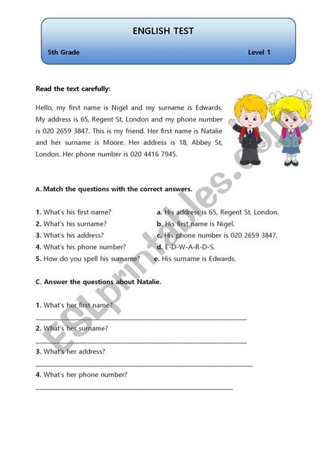 5th Grade English Test English Esl Worksheets Pdf Doc 57 Off