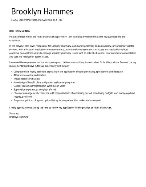 Retail Pharmacist Cover Letter Velvet Jobs