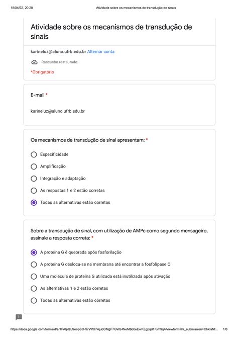 Atividade sobre os mecanismos de transdução de sinais E mail