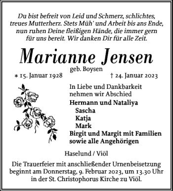 Traueranzeigen Von Marianne Jensen Sh Z Trauer