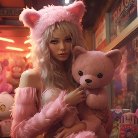 Premium Photo A Doll With Long Blonde Hair And Pink Fur Is Holding A Pink Teddy Bear