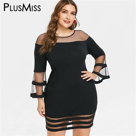 Plusmiss Plus Size 5xl Xxxxl Xxxl Bell Flare Sleeve Sexy Mesh Lace Dress Women Bodycon Mini