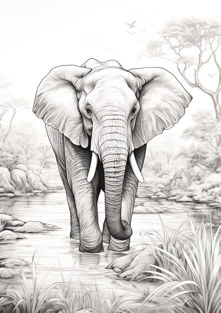 Premium Photo | Drawing of an elephant walking in a river with trees in ...