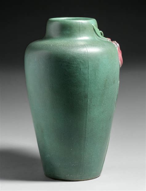 Large Weller Pottery Carved Matte Green Red Vase C1910 California