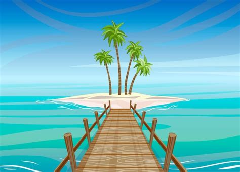 Premium Vector Tropical Island In Ocean With Wooden Bridge