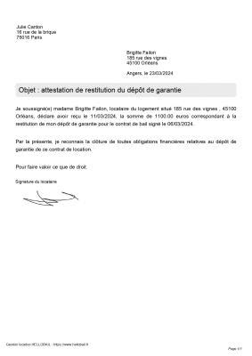 Attestation de restitution du dépôt de garantie modèle et délai