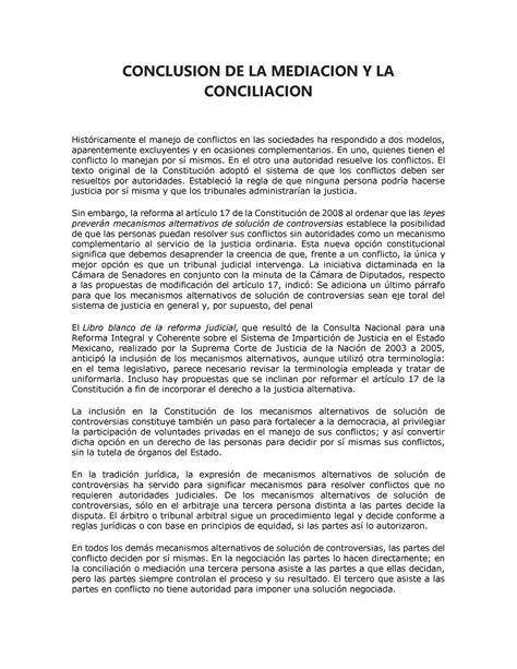 Conclusion De La Mediacion Y La Conciliacion Conclusion De La Mediacion Y La Conciliacion