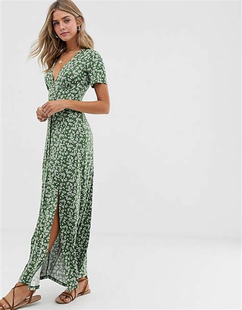 Asos Design Button Through Maxi Tea Dress With Splits In Ditsy Print Asos