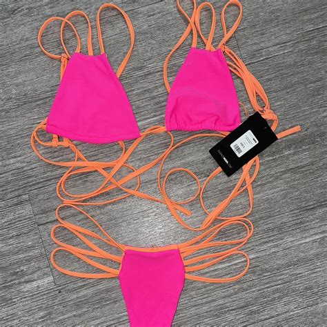 Neon Pink Orange Thong Wrap Around Bikini Set Depop