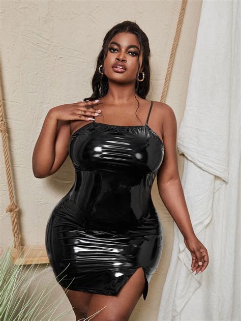 Shein Sxy Plus Split Hem Pu Leather Dress Plus Size Clubwear