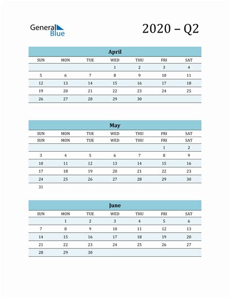 Blank Q2 Quarterly Calendar 2020 April May And June