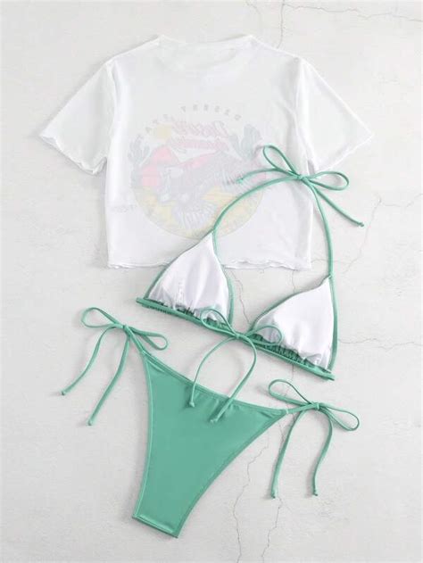 Ba Ador Bikini Con Estampado De Cactus Tri Ngulo Con Cord N Lateral Con