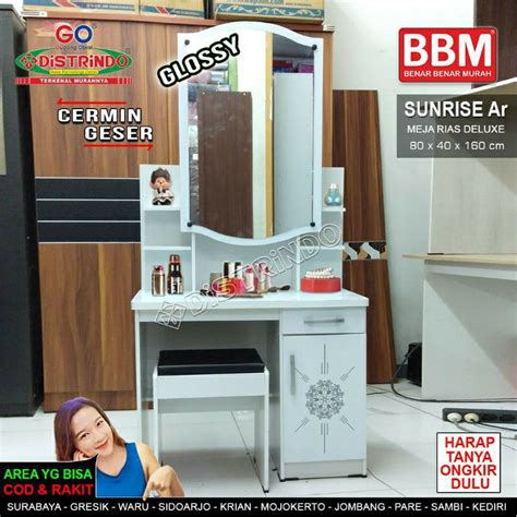 Jual Meja Rias Cermin Sliding Geser Putih Glossy Dgn Bangku Papan Tebal