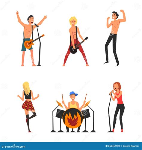 Set Of Rock Musicians Playing Electric Guitar Drums And Singing Rock