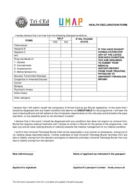 Fillable Online Heal Th Declaration Form For Applicants Ukm Fax Email