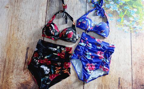 Amazon Cocoship Retro S Black Pink Blue Floral Halter High Waist Bikini Set Halter
