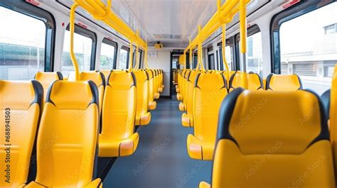 Interior design of a modern bus. Empty bus interior. Public transport in the city. Passenger ...