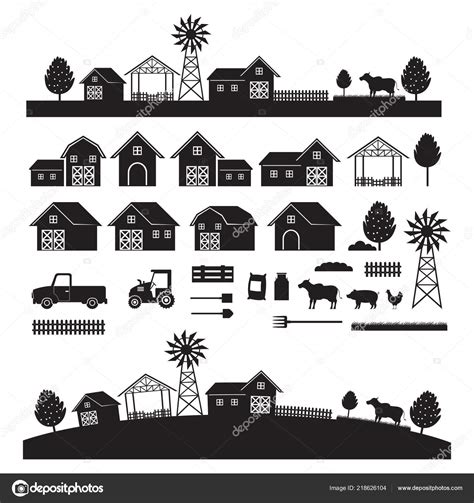 Farm Objects Landscape Silhouette Set Farming Agriculture Cultivate ...