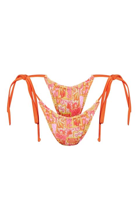 Orange Postcard Fruit Tie Side Bikini Bottoms Swimwear