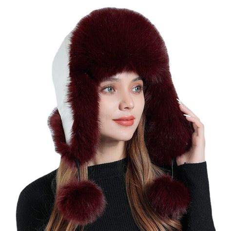 Lady Faux Fur Ear Flap Cap Fleece Lined Trapper Hat Pom Outdoor Ski