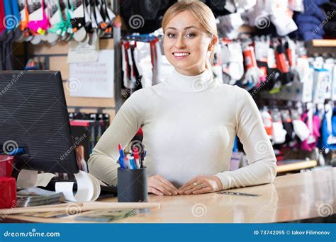 Smiling Blond Girl Cashier At The Pay Desk Stock Image Image Of