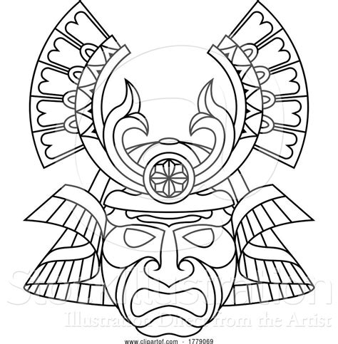 Vector Illustration Of Samurai Mask Japanese Warrior Helmet