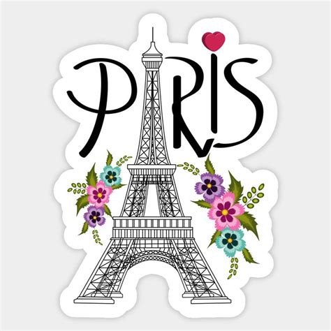 The Eiffel Tower Sticker Is Shown In Black And White With Flowers On It