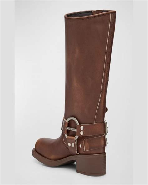 Miu Miu Leather Harness Buckle Biker Boots In Brown Lyst