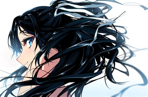 Safebooru 1girl Bare Shoulders Black Hair Blew Andwhite Blue Eyes