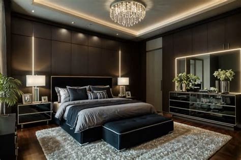 Contemporary-style Bedroom Interior With Night Light And Headboard And ...