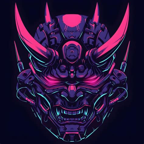 Neonlit Cybernetic Samurai Mask With Glowing Eyes Premium Ai