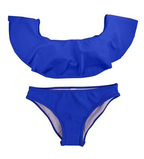 Lady Girls Off Shoulder Ruffle Swim Bathing Suit Bikini Two Piece Set Sapphire Blue Cc Ocbvn