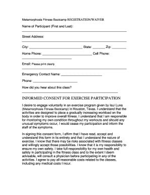 Fillable Online Metamorphosis Fitness Bootcamp REGISTRATION WAIVER Fax