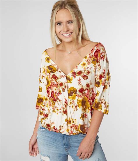 Daytrip Floral Surplice V Neck Top Womens Shirtsblouses In Cream Multi Buckle