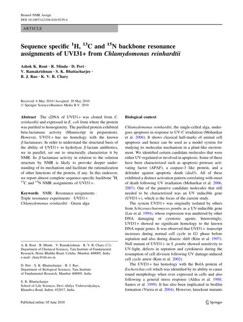 Pdf Sequence Specific H 1 C 13 And N 15 Backbone Resonance Assignments Of Uvi31 From