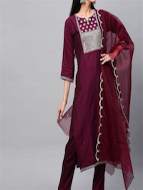 Buy Poonam Designer Women Maroon Floral Embroidered Gotta Patti Kurta