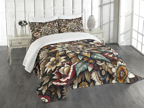 Ambesonne Boho Floral Quilted Bedspread Set Pcs Traditional Folk